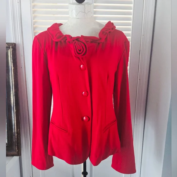 Vintage Red Rosette Ruffle Jacket 80s 90s Statement Top - Picture 4 of 9